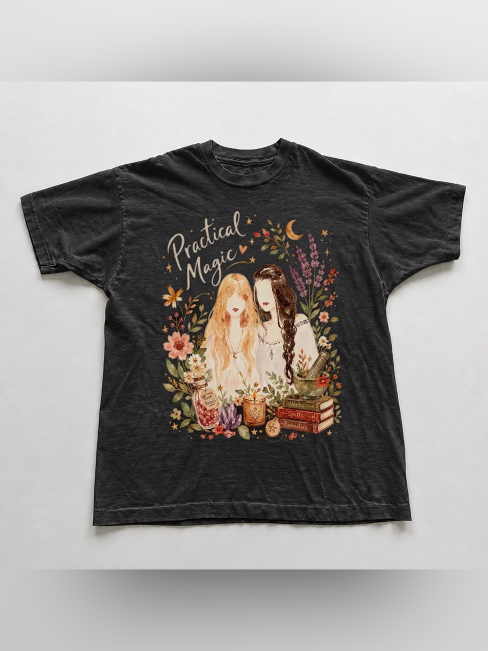 Black 'Practical Magic' Floral Illustration Tee
